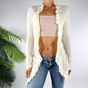 Vintage Cream Cottagecore Soft Girl Knit Coquette Ruffle Open Cardigan / S